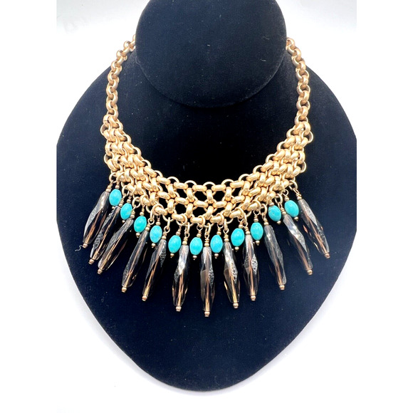Unique Chunky Marie Chavez Smoke Glass Turquoise Beaded Gold Chain Bib Necklace - Picture 1 of 5